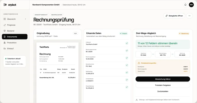 ERPbot gleicht eine Eingangsrechnung mit Bestellung und Wareneingang ab und markiert eine Preisabweichung.